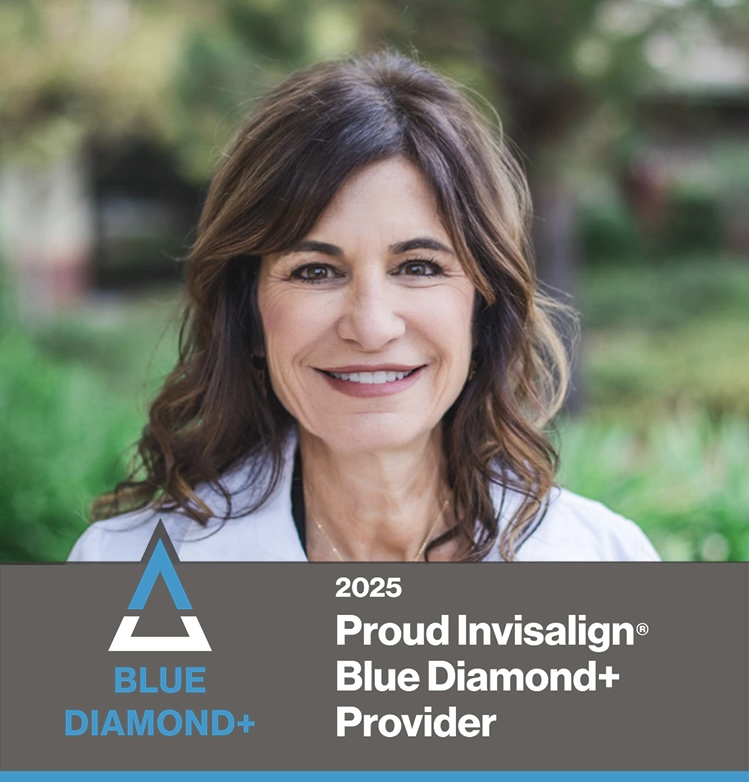The image features two photographs placed side by side. On the left is a photo of an individual smiling at the camera, wearing a white top, with text overlaying the image that reads Proud Invisalign Provider and BLUE DIAMOND . On the right is a graphic with a blue diamond logo and text above it stating 2025 followed by PROUD INVISALIGN PROVIDER and below it, BLUE DIAMOND , indicating an achievement or status related to dental care services.