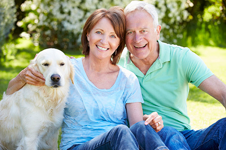 An elderly couple sitting outdoors with a golden retriever dog.